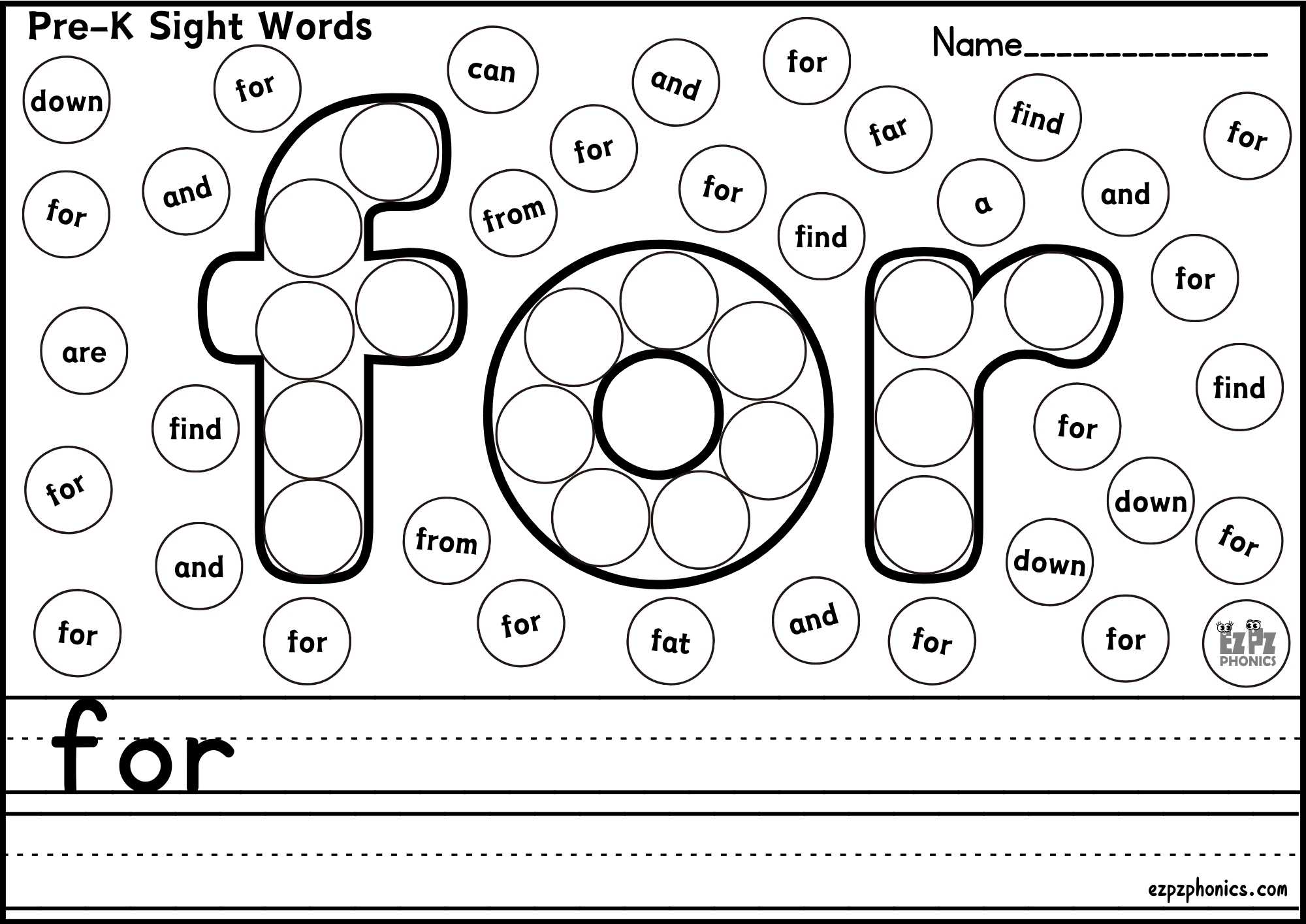 "For" Sight Word Dab & Write Worksheet – Fun & Engaging Practice!